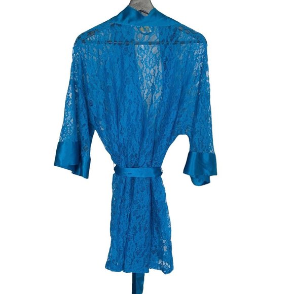 Vintage 90s Victorias Secret Gold Label Blue Lace Short Robe One Size - Picture 3 of 8